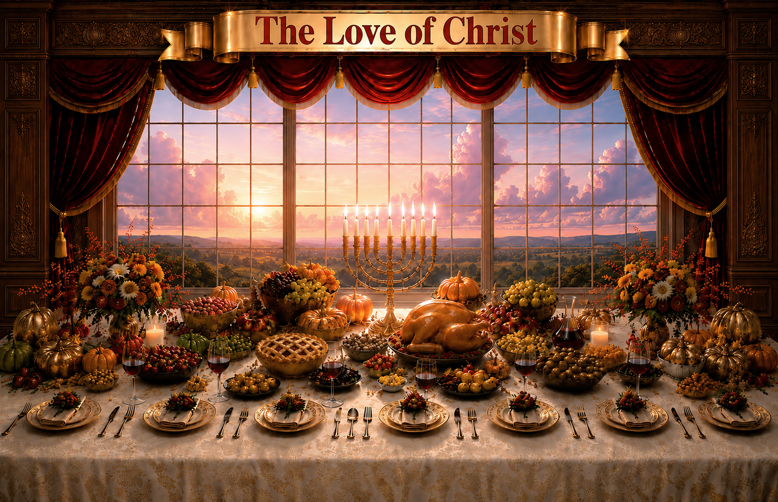 Lavish banquet feast under a banner reading ‘The Love of Christ,’ symbolizing divine love and spiritual abundance from Song of Solomon 2:4
