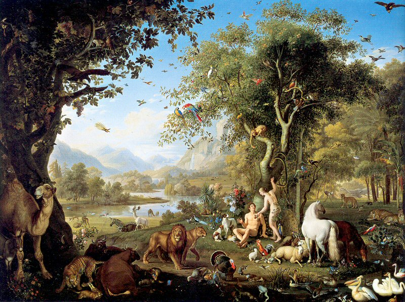 The Garden of Eden with Adam and Eve surrounded by God's creation, illustrating mankind's fellowship with God and dominion over the earth in Genesis.
