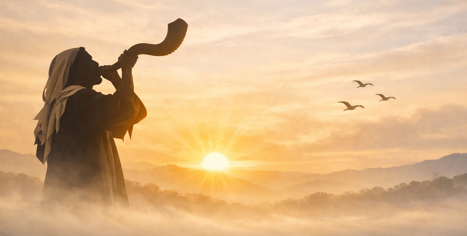 Man blowing a shofar at sunrise in a wilderness landscape, representing the prophetic call to prepare the way of the Lord from Isaiah 40:1–5
