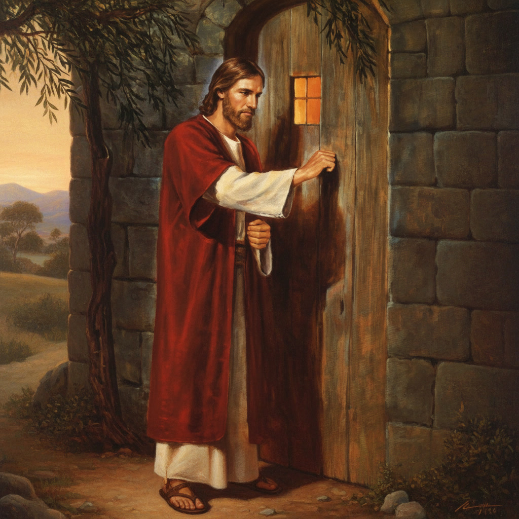 Jesus knocking at the door symbolizing divine invitation and Revelation 3:20