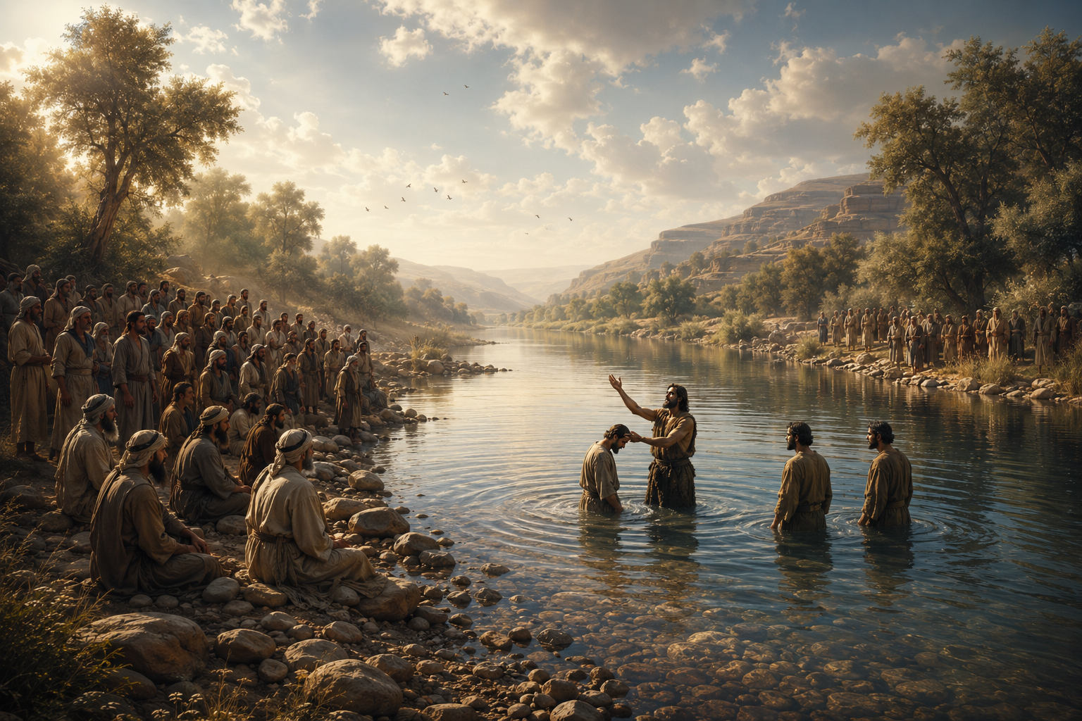 John the Baptist baptizing believers in the Jordan River as he prepared the way of the Lord through repentance and pointed people to Jesus Christ.