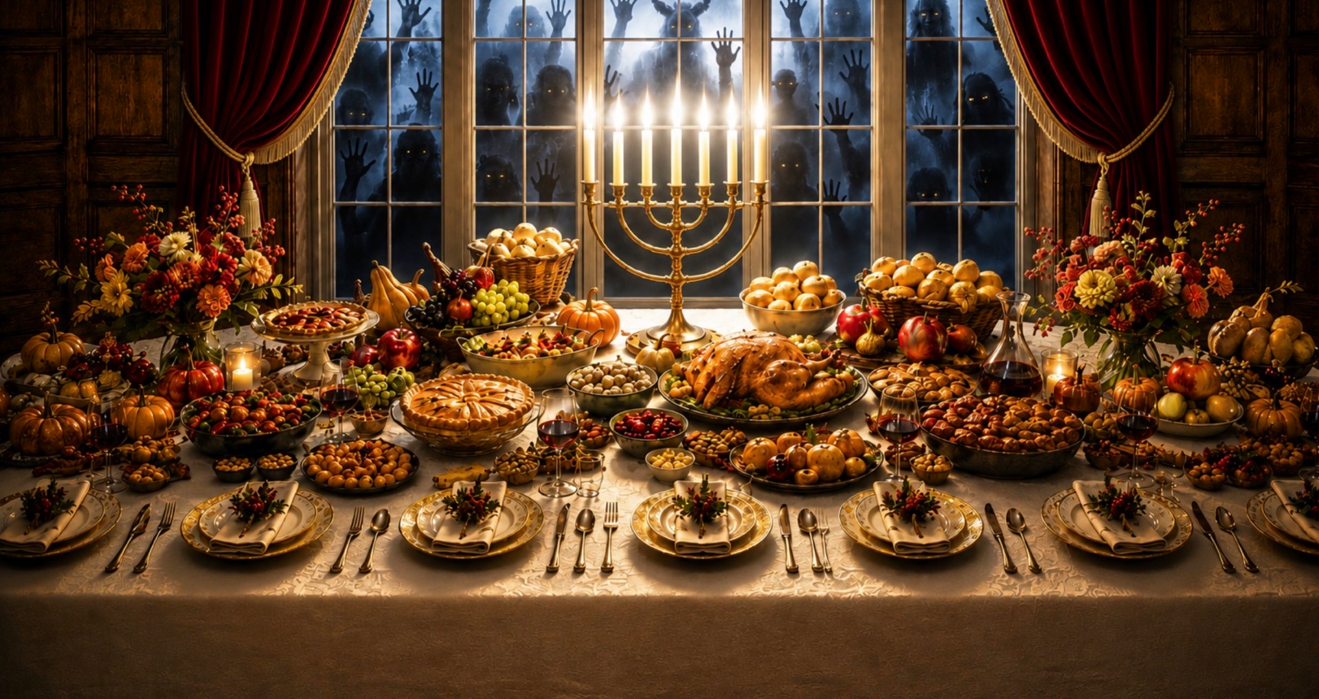 Banquet table with an overflowing cup symbolizing God’s provision, anointing, and blessing from Psalm 23:5